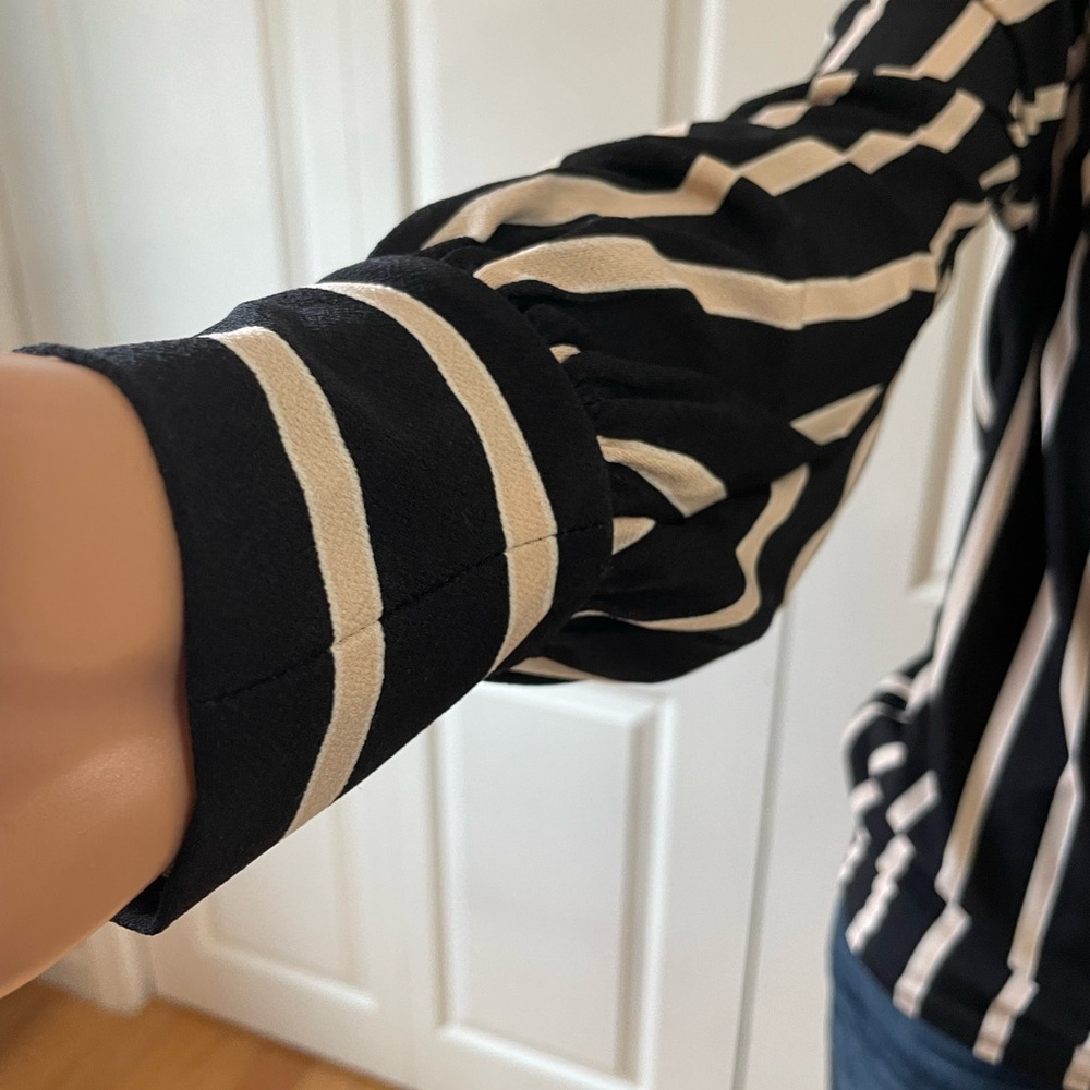 Adrianna Papell Black Ivory Striped Wrap Front Blouse - Picture 3 of 7